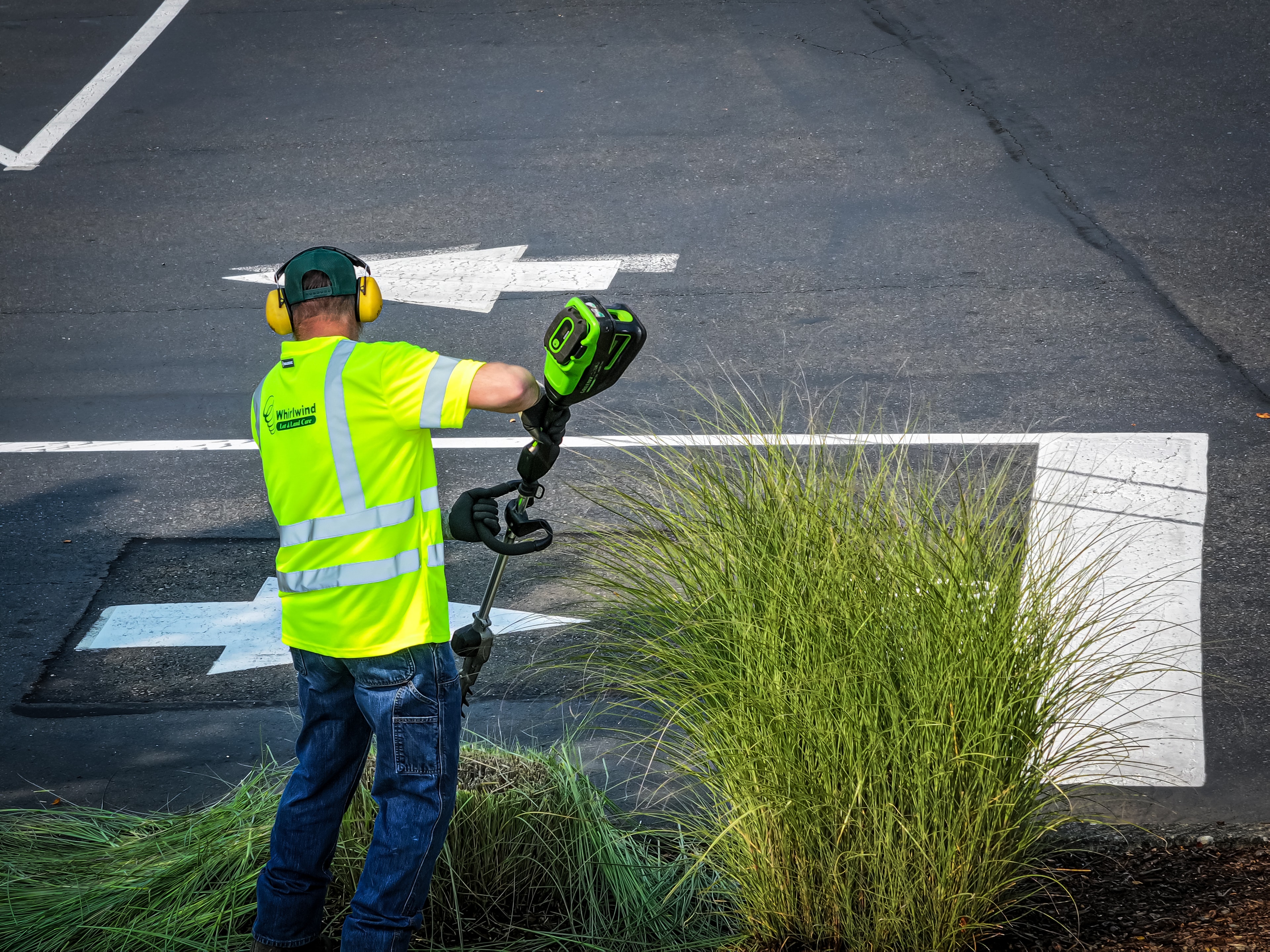 Commercial landscape maintenance in progress